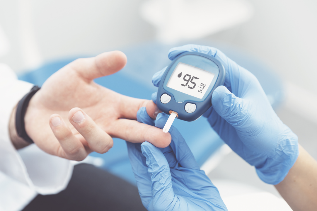 Type 2 diabetes blood sugar monitoring and treatment in Charleston, SC showing glucose meter, healthy foods, and medical care