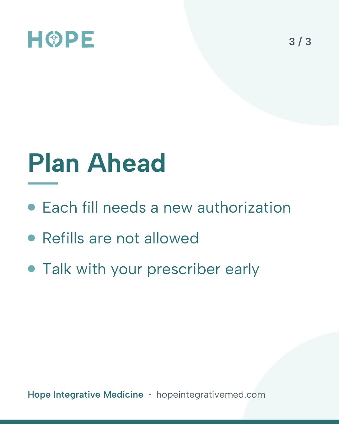 Card 3 of 3: Plan Ahead. Each fill needs a new authorization. Refills are not allowed. Talk with your prescriber early.