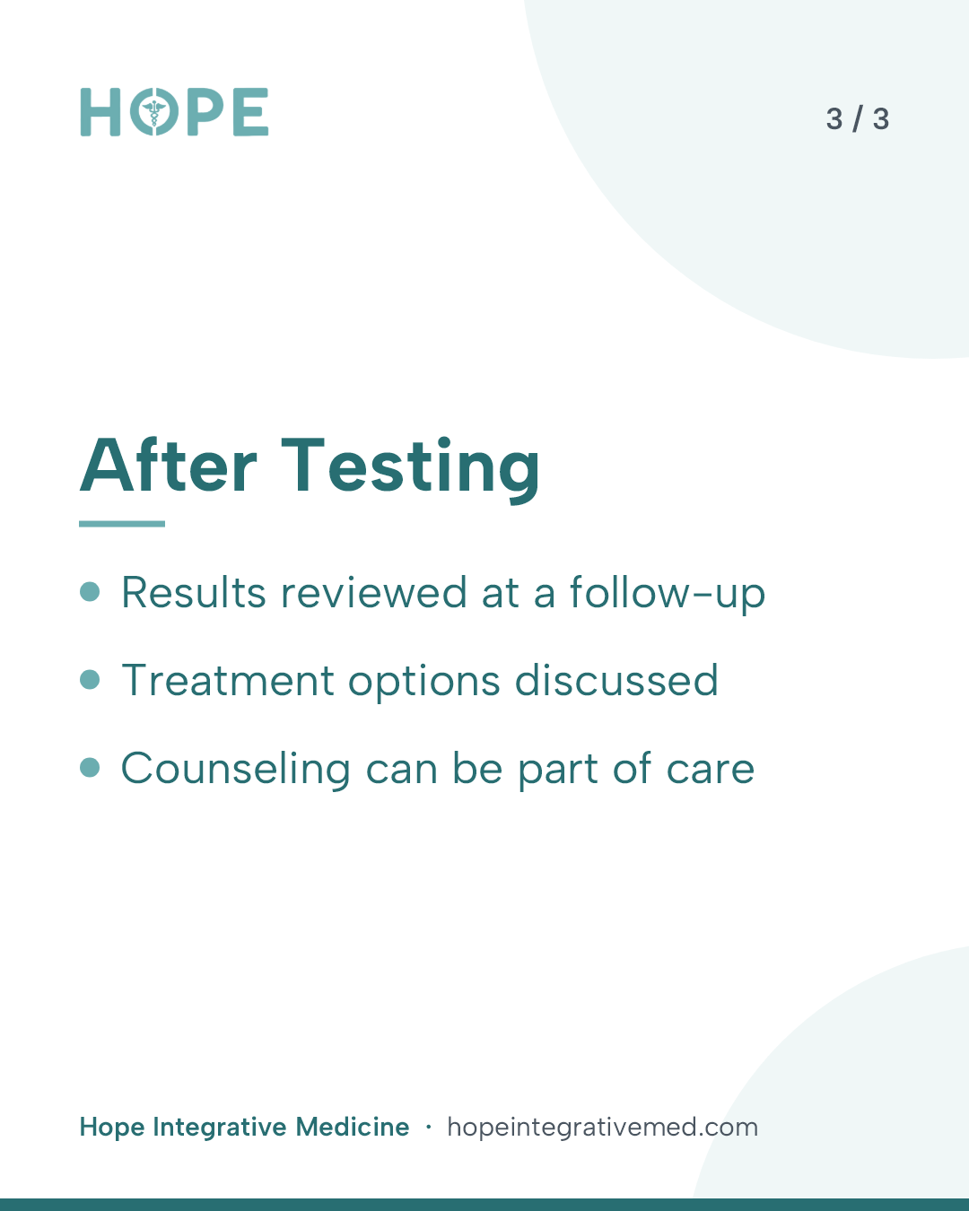 Card 3 of 3: After Testing. Results reviewed at a follow-up. Treatment options discussed. Counseling can be part of care.