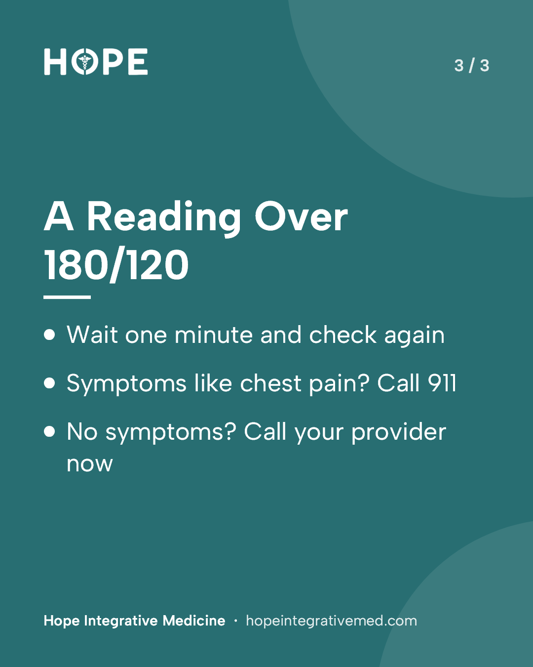 Card 3 of 3: A Reading Over 180/120. Wait one minute and check again. Symptoms like chest pain? Call 911. No symptoms? Call your provider now.