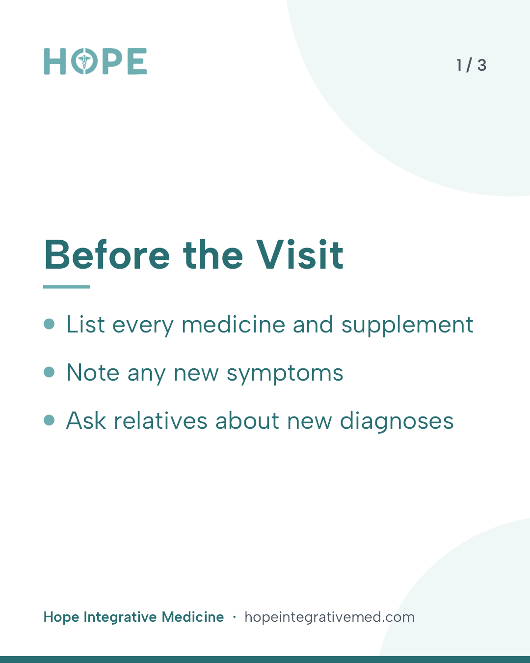 Card 1 of 3: Before the Visit. List every medicine and supplement. Note any new symptoms. Ask relatives about new diagnoses.