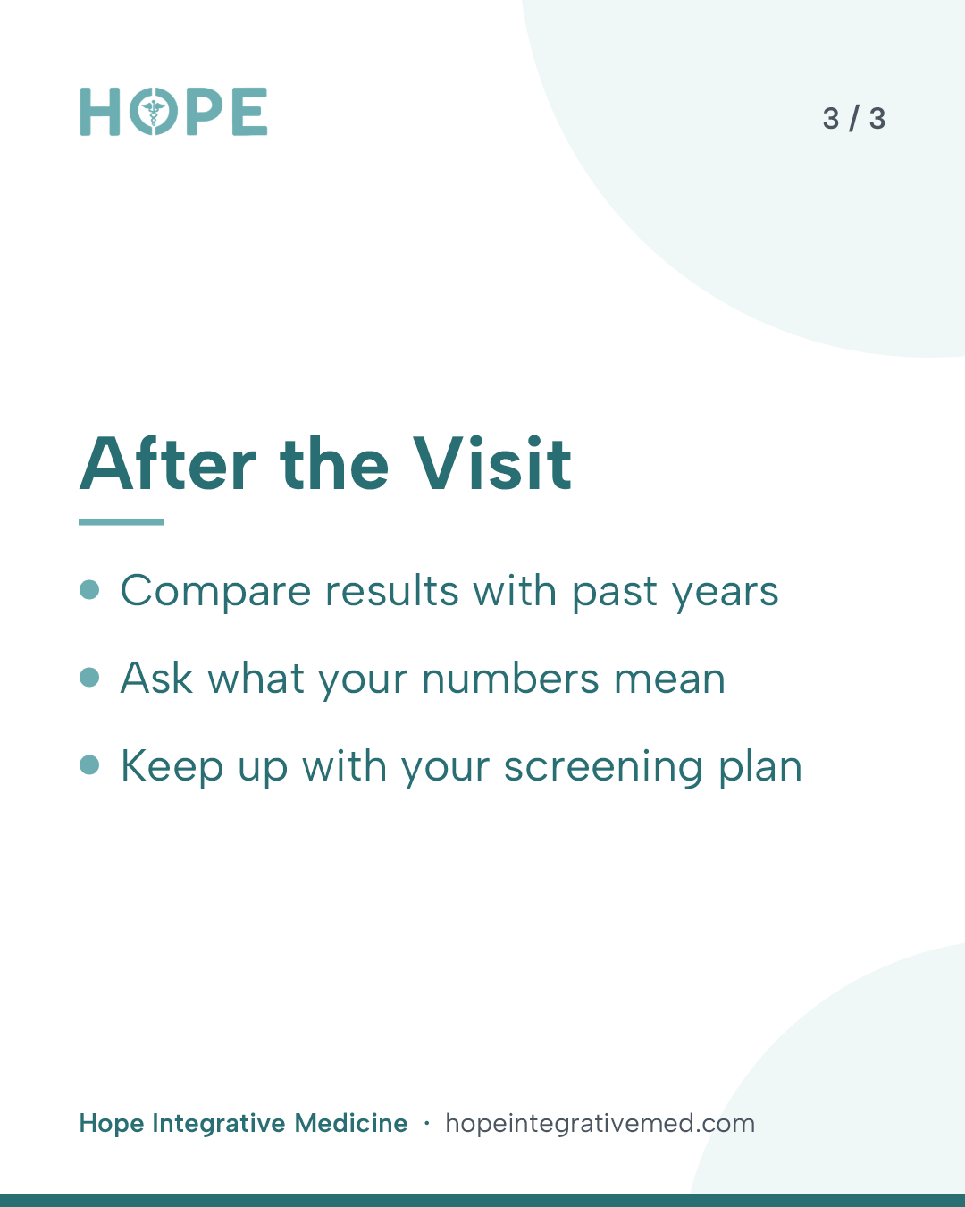 Card 3 of 3: After the Visit. Compare results with past years. Ask what your numbers mean. Keep up with your screening plan.