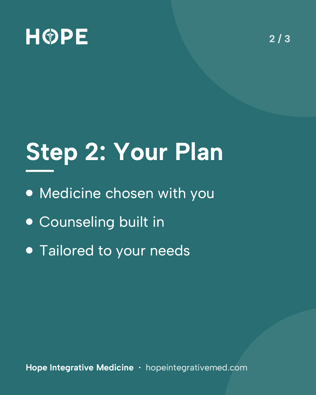 Card 2 of 3: Step 2: Your Plan. Medicine chosen with you. Counseling built in. Tailored to your needs.