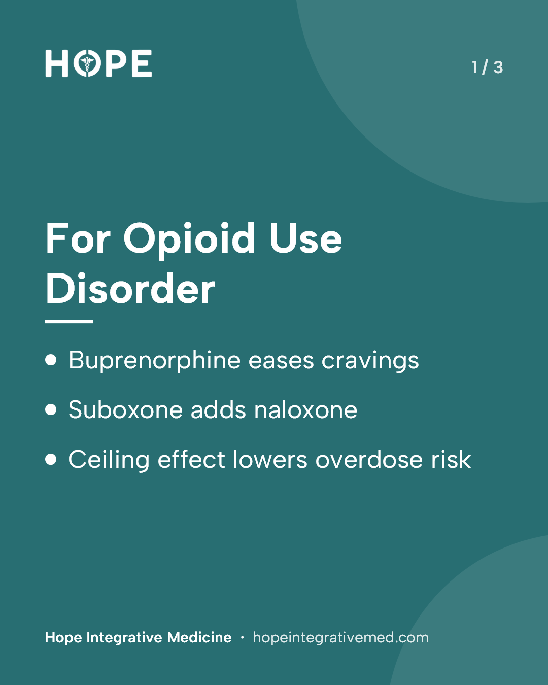 Card 1 of 3: For Opioid Use Disorder. Buprenorphine eases cravings. Suboxone adds naloxone. Ceiling effect lowers overdose risk.