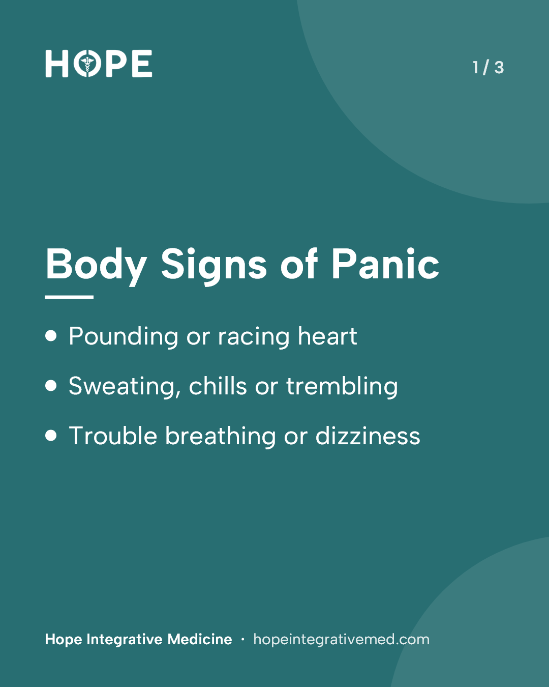 Card 1 of 3: Body Signs of Panic. Pounding or racing heart. Sweating, chills or trembling. Trouble breathing or dizziness.