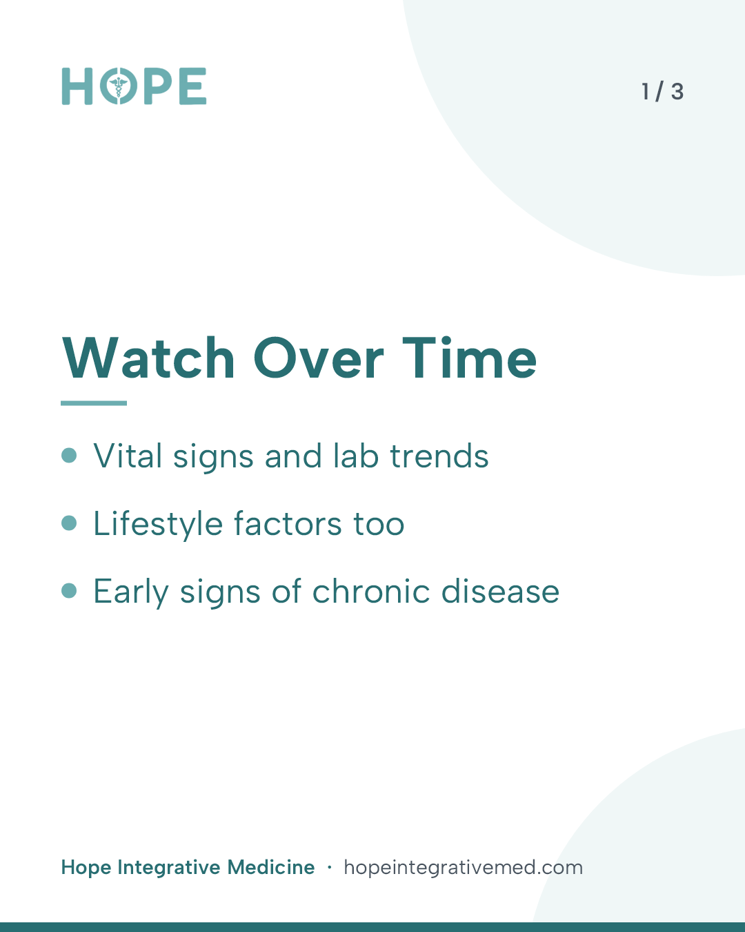 Card 1 of 3: Watch Over Time. Vital signs and lab trends. Lifestyle factors too. Early signs of chronic disease.