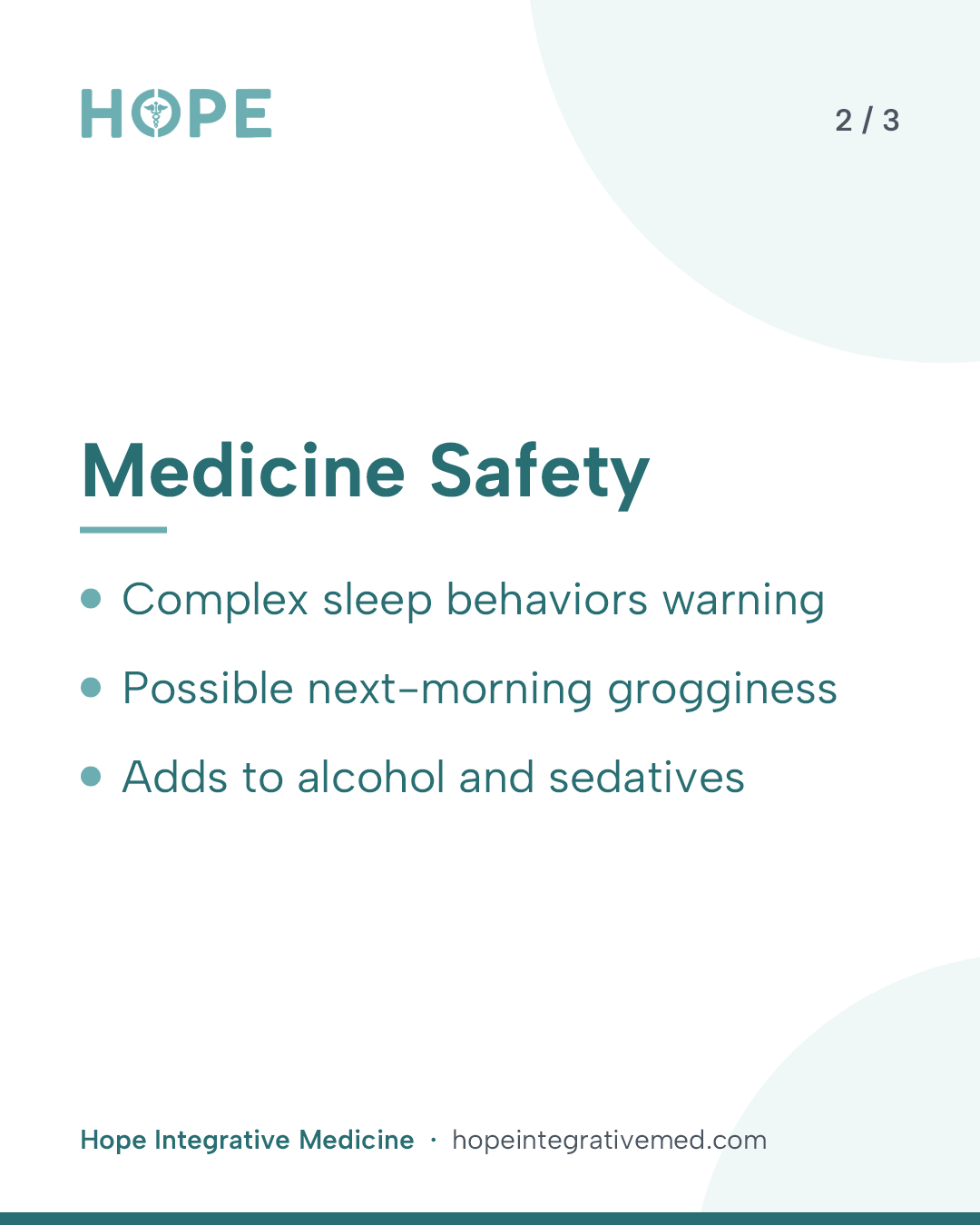 Card 2 of 3: Medicine Safety. Complex sleep behaviors warning. Possible next-morning grogginess. Adds to alcohol and sedatives.