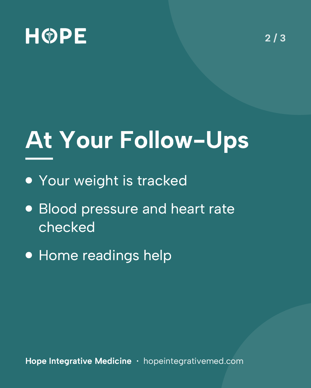 Card 2 of 3: At Your Follow-Ups. Your weight is tracked. Blood pressure and heart rate checked. Home readings help.