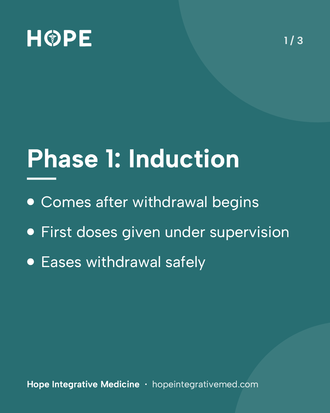 Card 1 of 3: Phase 1: Induction. Comes after withdrawal begins. First doses given under supervision. Eases withdrawal safely.