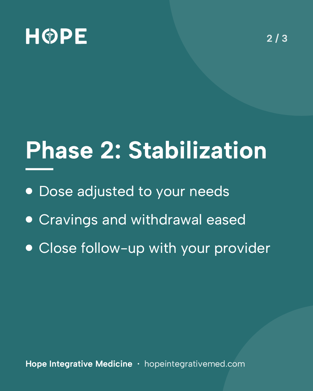 Card 2 of 3: Phase 2: Stabilization. Dose adjusted to your needs. Cravings and withdrawal eased. Close follow-up with your provider.
