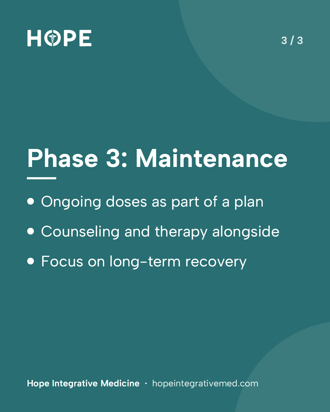 Card 3 of 3: Phase 3: Maintenance. Ongoing doses as part of a plan. Counseling and therapy alongside. Focus on long-term recovery.