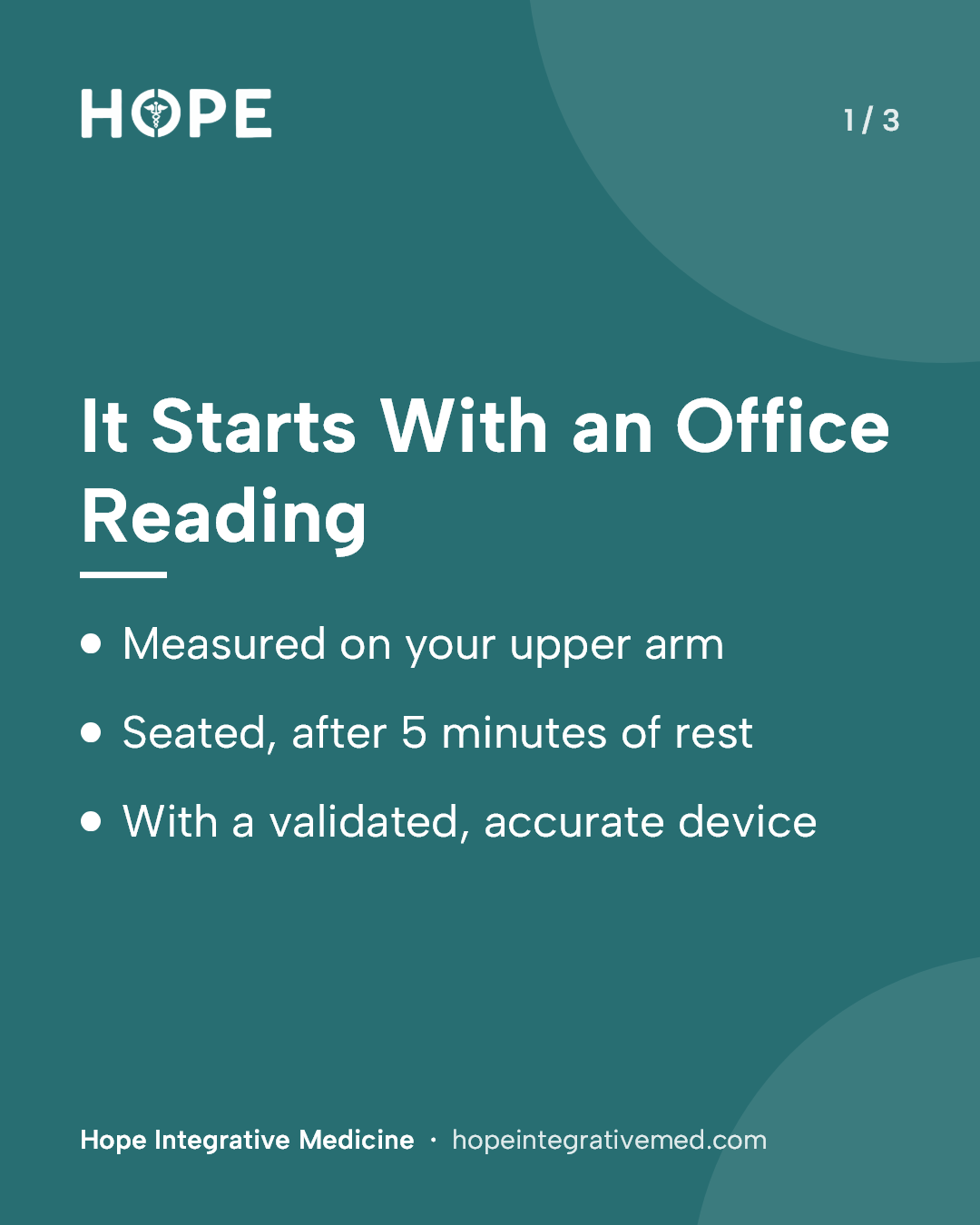 Card 1 of 3: It Starts With an Office Reading. Measured on your upper arm. Seated, after 5 minutes of rest. With a validated, accurate device.