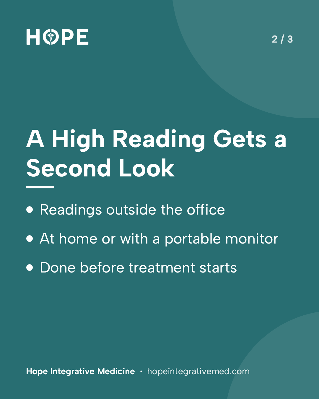 Card 2 of 3: A High Reading Gets a Second Look. Readings outside the office. At home or with a portable monitor. Done before treatment starts.