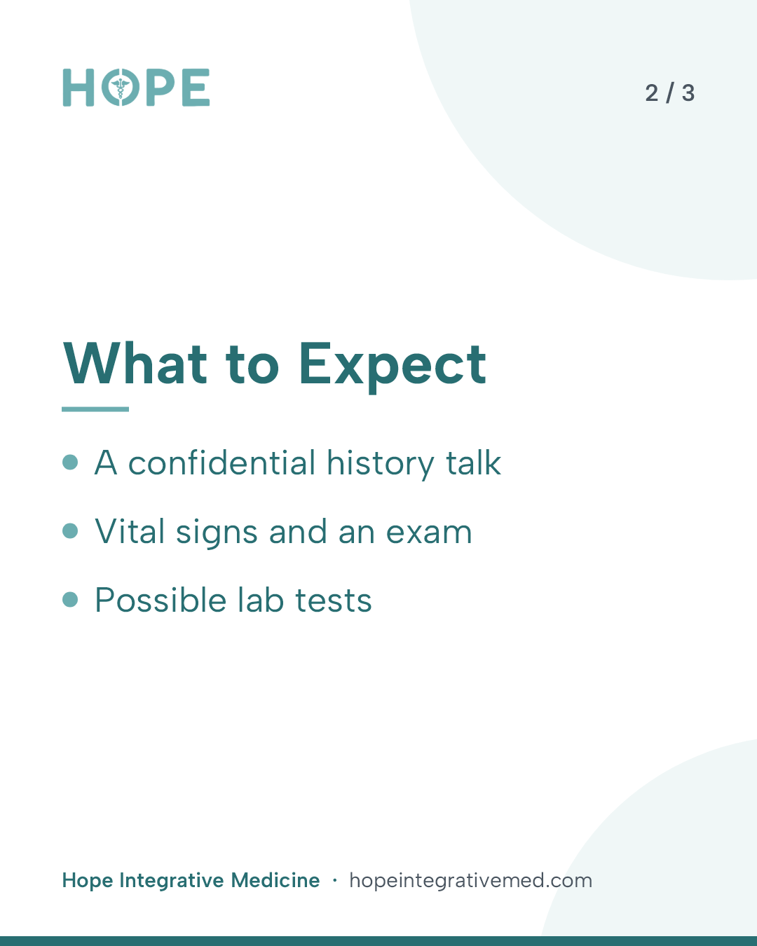 Card 2 of 3: What to Expect. A confidential history talk. Vital signs and an exam. Possible lab tests.