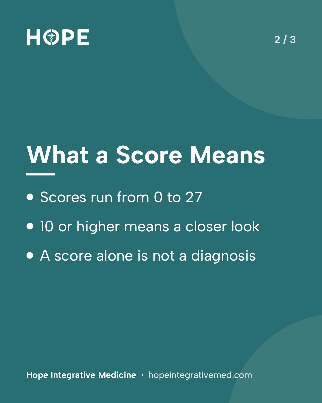Card 2 of 3: What a Score Means. Scores run from 0 to 27. 10 or higher means a closer look. A score alone is not a diagnosis.